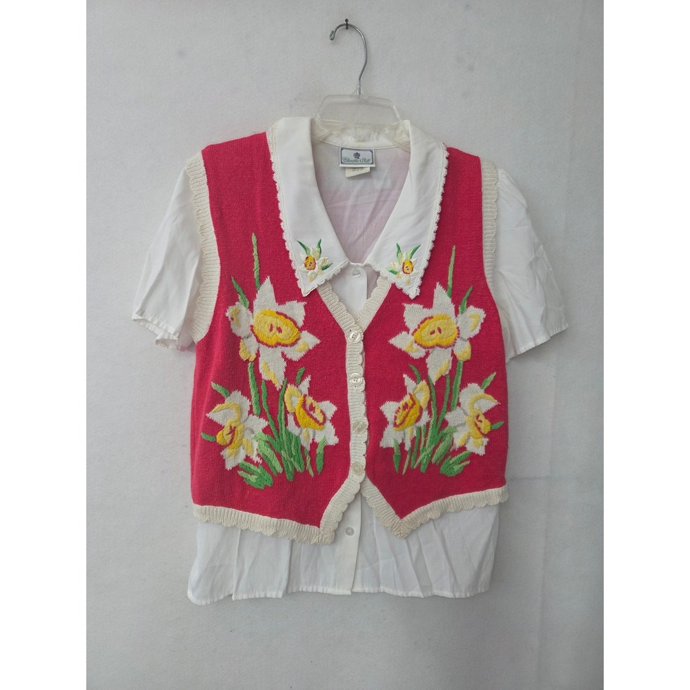Chandler Hill Sweater Vest Blouse Set Womens Medium Pink White Floral Embroidery